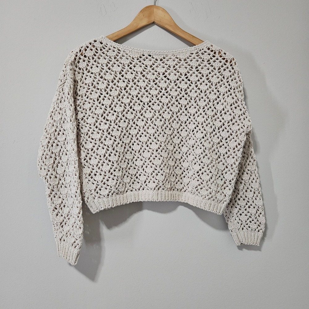 Moon & Madison Cream Crochet Knit Cropped Sweater Long Sleeve Boho XS SMC080B